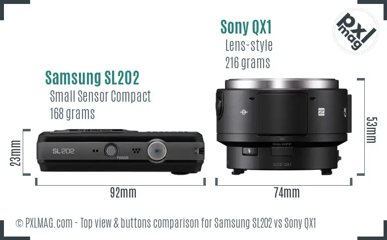 Samsung SL202 vs Sony QX1 top view buttons comparison Samsung SL202 vs Sony QX1 top view buttons comparison
