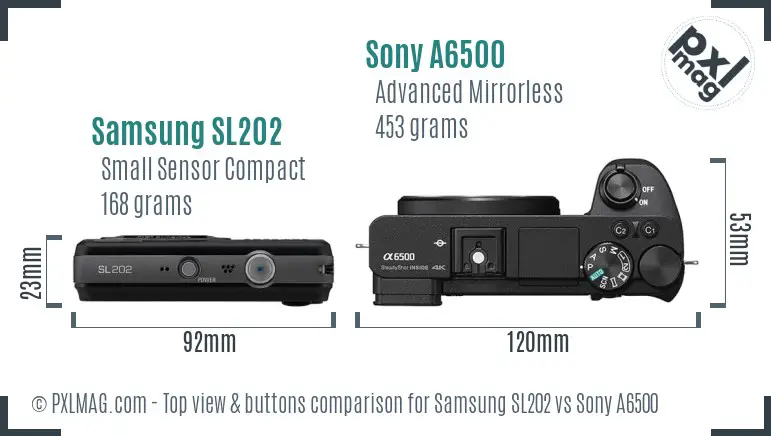 Samsung SL202 vs Sony A6500 top view buttons comparison Samsung SL202 vs Sony A6500 top view buttons comparison