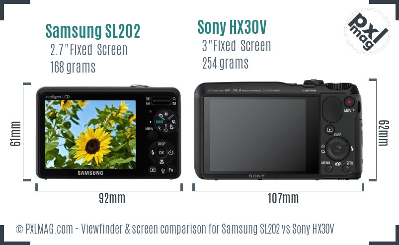 Samsung SL202 vs Sony HX30V Screen and Viewfinder comparison