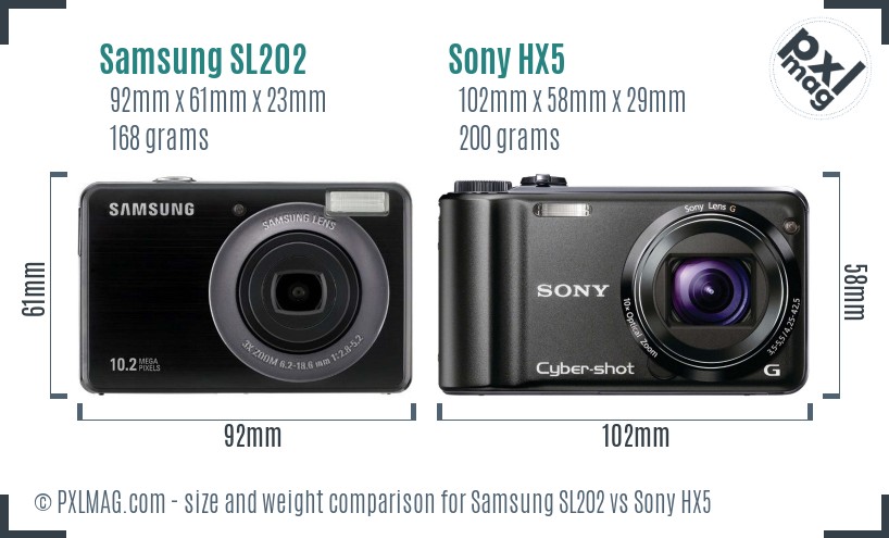 Samsung SL202 vs Sony HX5 size comparison