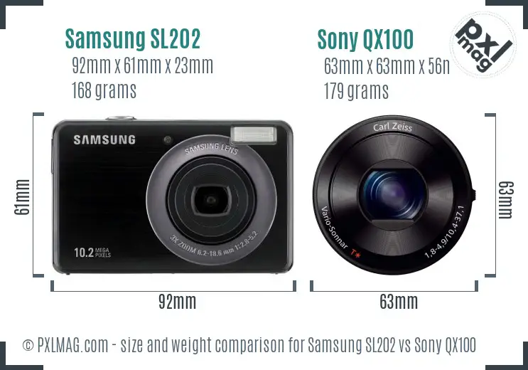 Samsung SL202 vs Sony QX100 size comparison