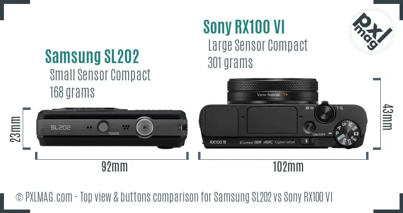 Samsung SL202 vs Sony RX100 VI top view buttons comparison Samsung SL202 vs Sony RX100 VI top view buttons comparison