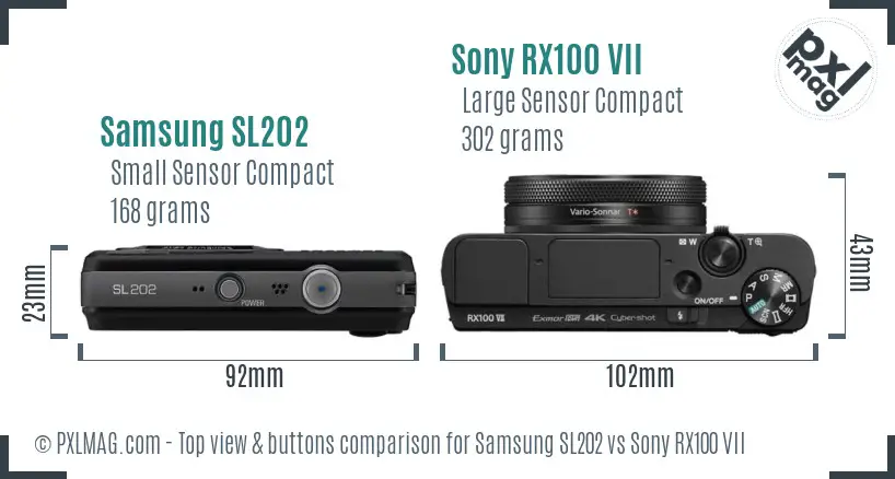 Samsung SL202 vs Sony RX100 VII top view buttons comparison