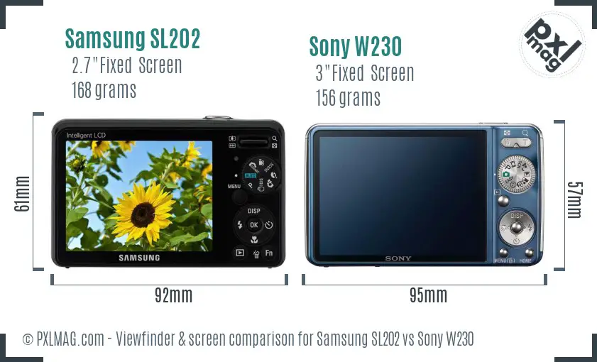 Samsung SL202 vs Sony W230 Screen and Viewfinder comparison