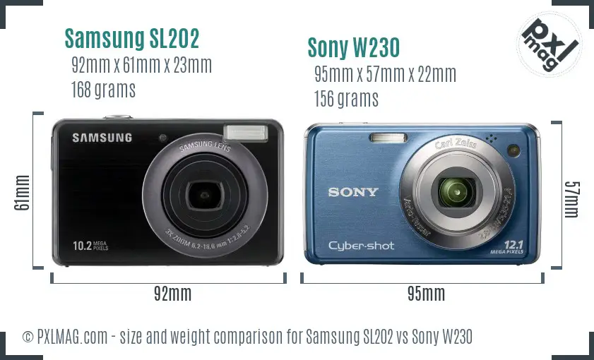 Samsung SL202 vs Sony W230 size comparison