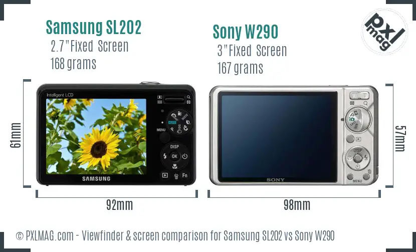 Samsung SL202 vs Sony W290 Screen and Viewfinder comparison