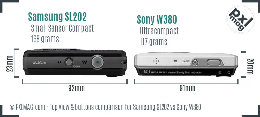 Samsung SL202 vs Sony W380 top view buttons comparison