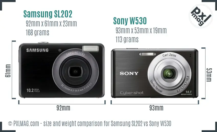 Samsung SL202 vs Sony W530 size comparison