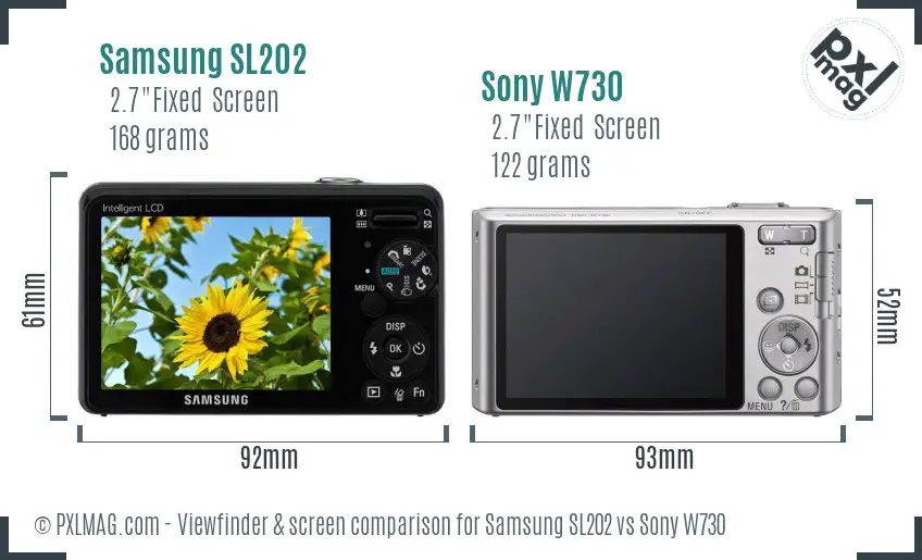 Samsung SL202 vs Sony W730 Screen and Viewfinder comparison