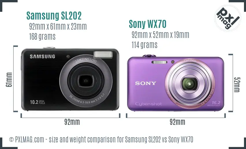 Samsung SL202 vs Sony WX70 size comparison