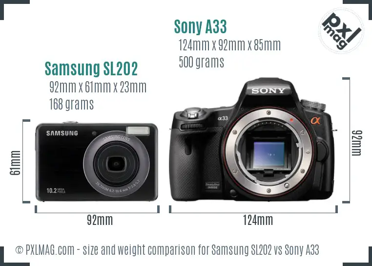 Samsung SL202 vs Sony A33 size comparison