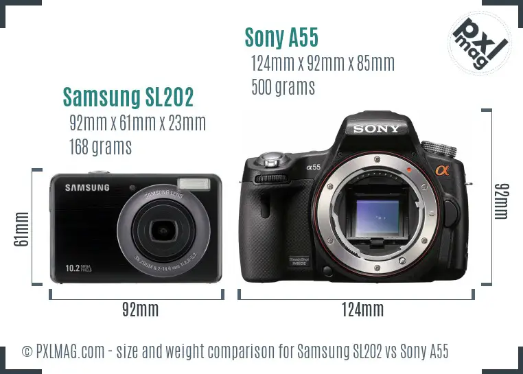 Samsung SL202 vs Sony A55 size comparison