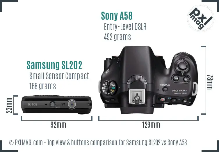 Samsung SL202 vs Sony A58 top view buttons comparison