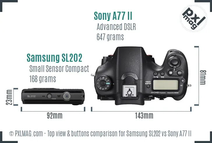 Samsung SL202 vs Sony A77 II top view buttons comparison