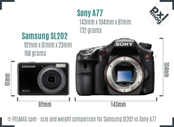 Samsung SL202 vs Sony A77 size comparison