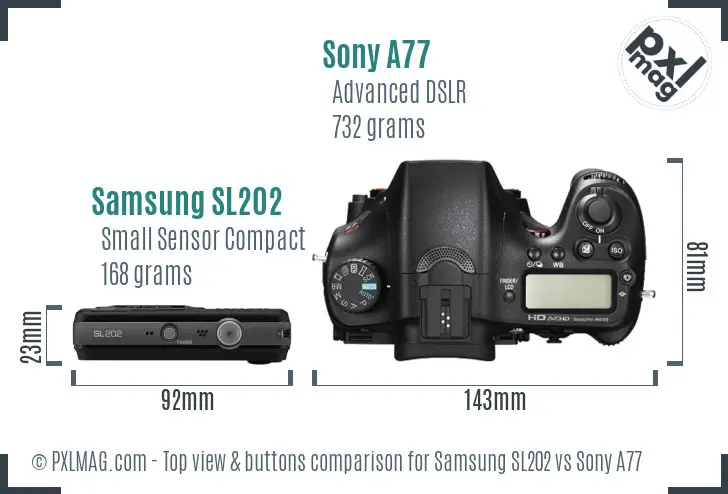 Samsung SL202 vs Sony A77 top view buttons comparison