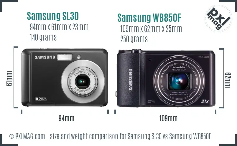 Samsung SL30 vs Samsung WB850F size comparison