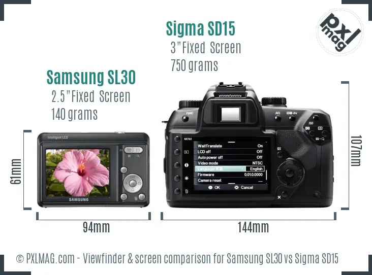 Samsung SL30 vs Sigma SD15 Screen and Viewfinder comparison