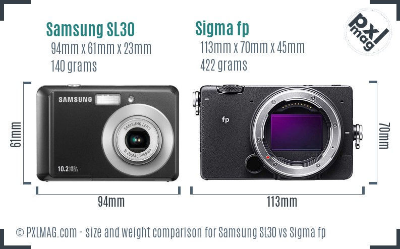 Samsung SL30 vs Sigma fp size comparison