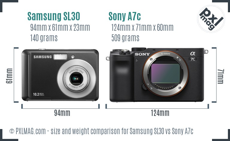Samsung SL30 vs Sony A7c size comparison