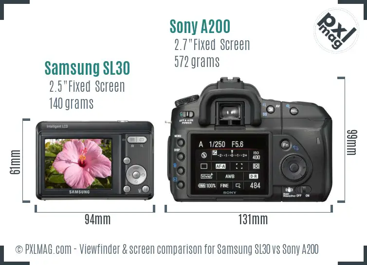 Samsung SL30 vs Sony A200 Screen and Viewfinder comparison