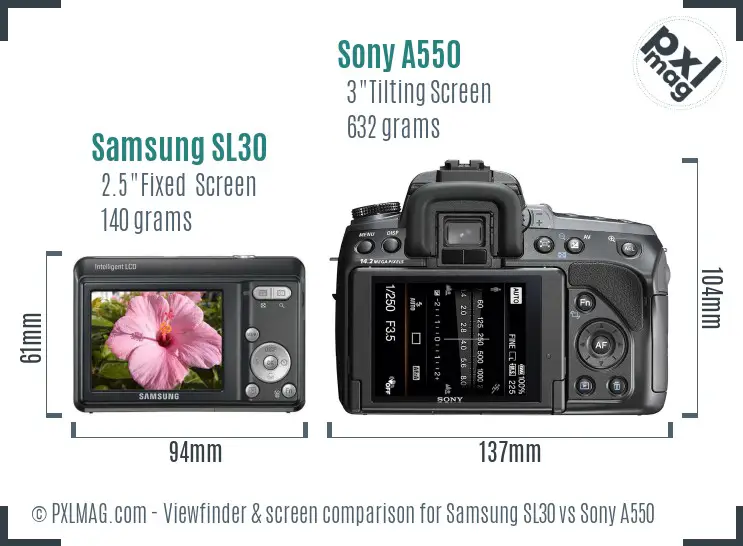 Samsung SL30 vs Sony A550 Screen and Viewfinder comparison