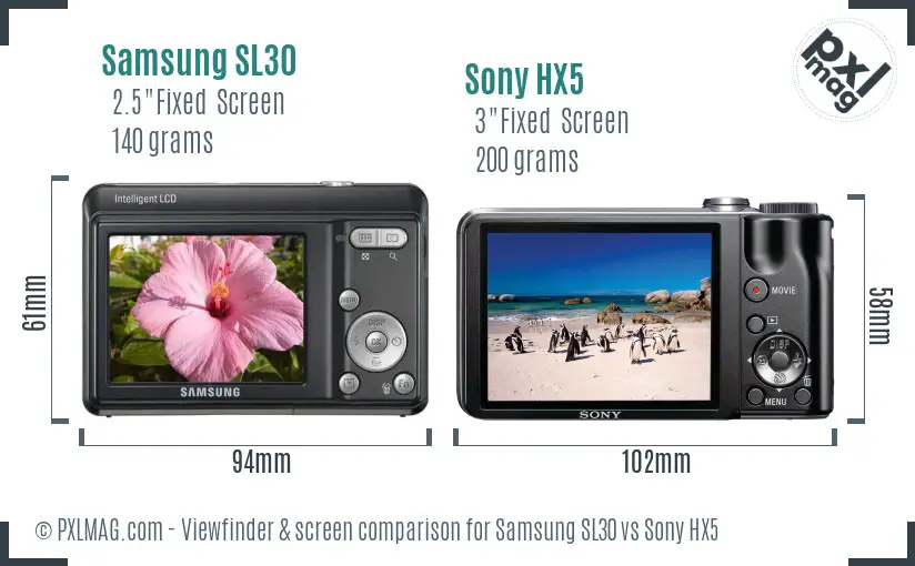 Samsung SL30 vs Sony HX5 Screen and Viewfinder comparison