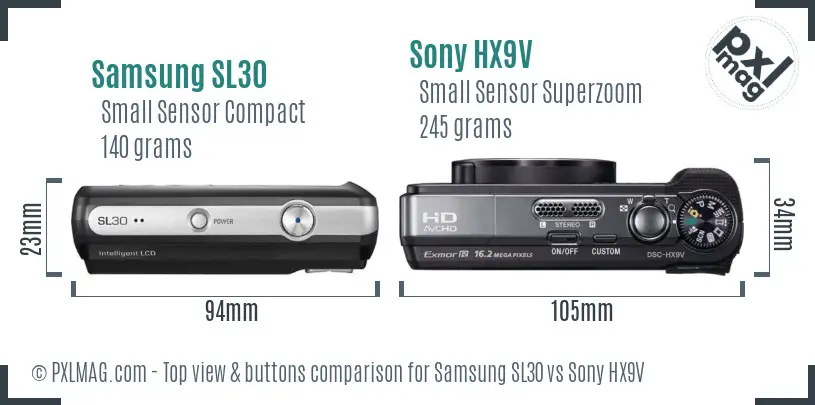 Samsung SL30 vs Sony HX9V top view buttons comparison Samsung SL30 vs Sony HX9V top view buttons comparison