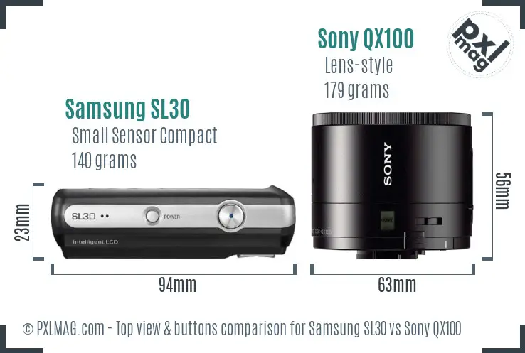 Samsung SL30 vs Sony QX100 top view buttons comparison Samsung SL30 vs Sony QX100 top view buttons comparison