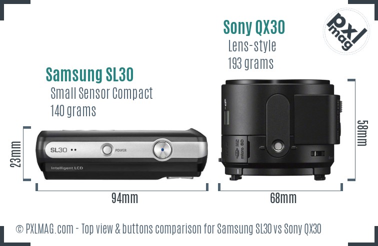 Samsung SL30 vs Sony QX30 top view buttons comparison