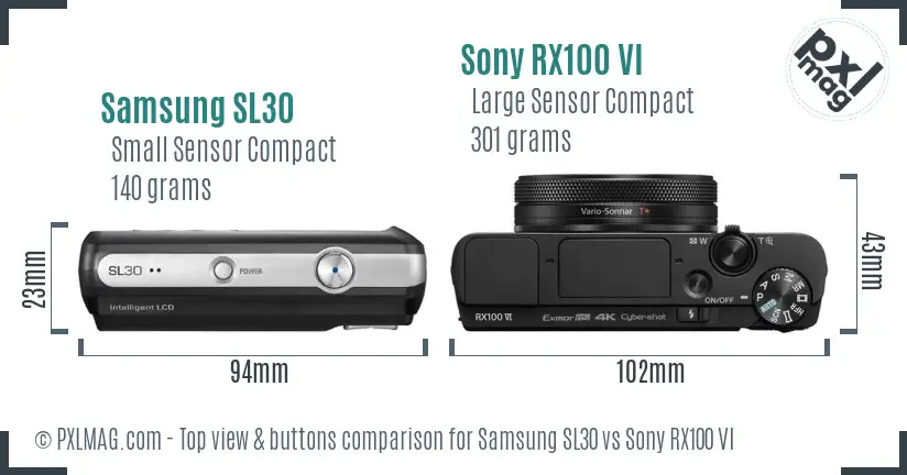 Samsung SL30 vs Sony RX100 VI top view buttons comparison