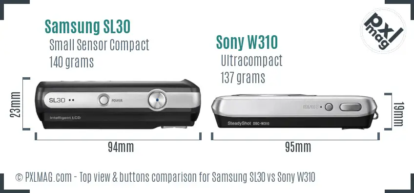 Samsung SL30 vs Sony W310 top view buttons comparison Samsung SL30 vs Sony W310 top view buttons comparison