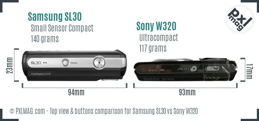 Samsung SL30 vs Sony W320 top view buttons comparison