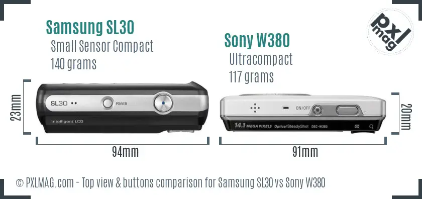 Samsung SL30 vs Sony W380 top view buttons comparison