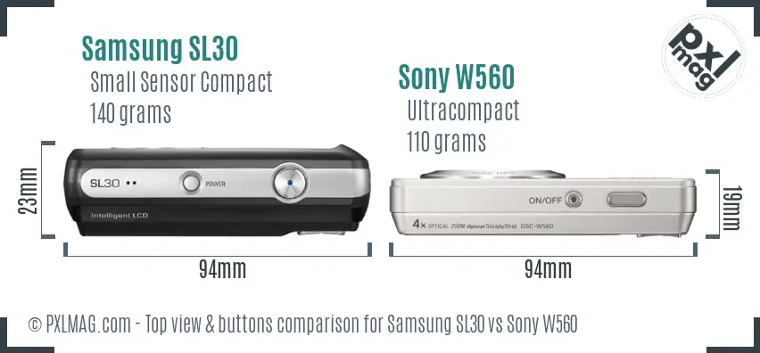 Samsung SL30 vs Sony W560 top view buttons comparison