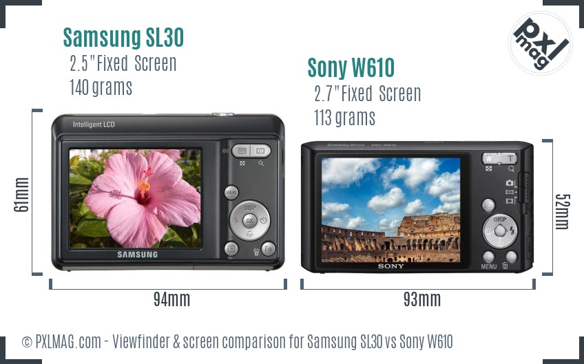 Samsung SL30 vs Sony W610 Screen and Viewfinder comparison