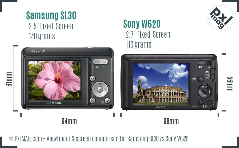 Samsung SL30 vs Sony W620 Screen and Viewfinder comparison