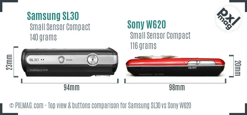 Samsung SL30 vs Sony W620 top view buttons comparison