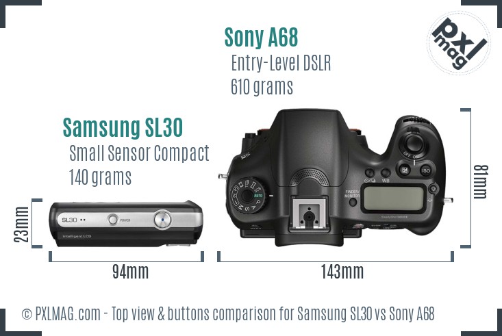 Samsung SL30 vs Sony A68 top view buttons comparison