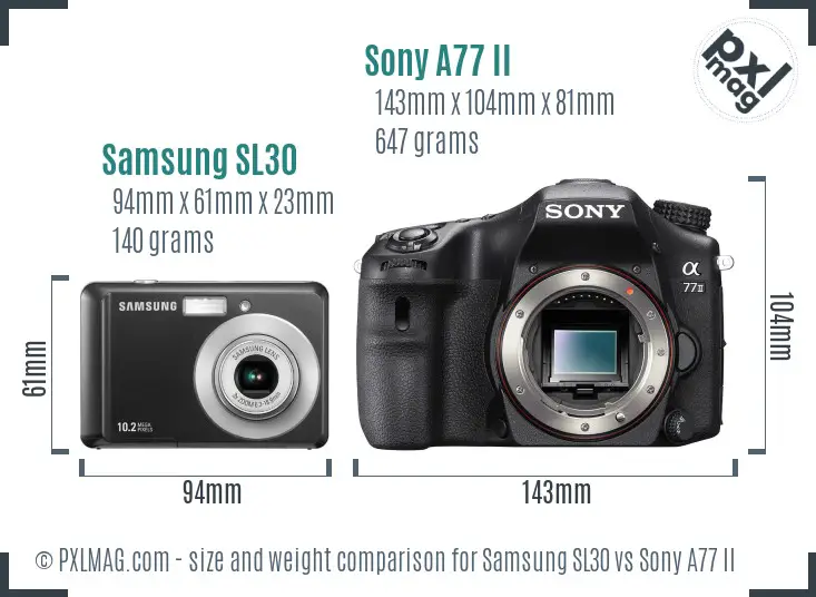 Samsung SL30 vs Sony A77 II size comparison