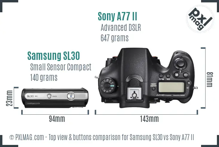 Samsung SL30 vs Sony A77 II top view buttons comparison