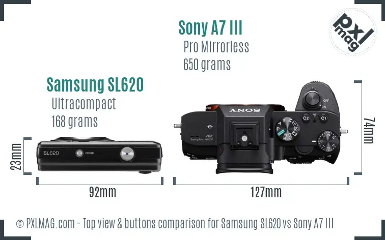 Samsung SL620 vs Sony A7 III top view buttons comparison Samsung SL620 vs Sony A7 III top view buttons comparison