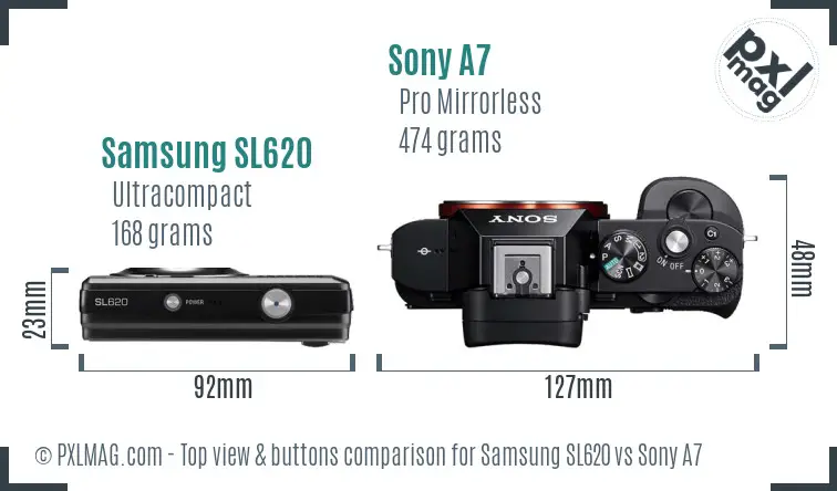 Samsung SL620 vs Sony A7 top view buttons comparison