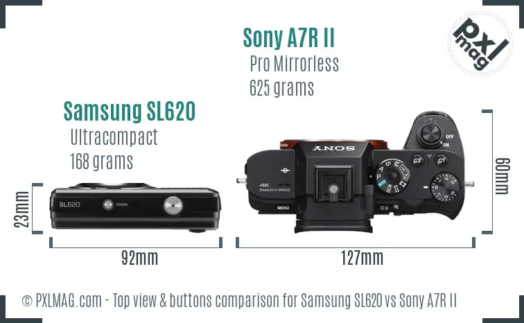 Samsung SL620 vs Sony A7R II top view buttons comparison