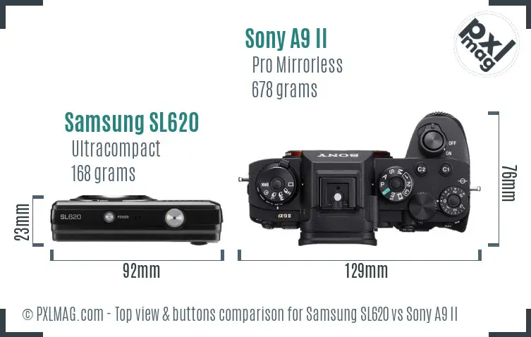 Samsung SL620 vs Sony A9 II top view buttons comparison