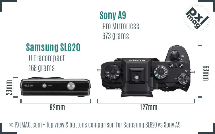 Samsung SL620 vs Sony A9 top view buttons comparison Samsung SL620 vs Sony A9 top view buttons comparison