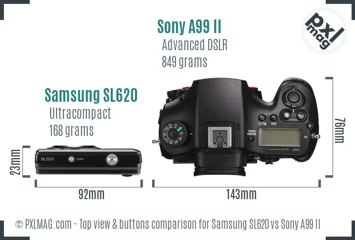 Samsung SL620 vs Sony A99 II top view buttons comparison