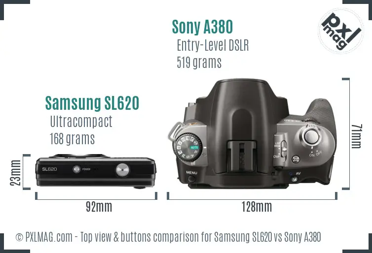 Samsung SL620 vs Sony A380 top view buttons comparison Samsung SL620 vs Sony A380 top view buttons comparison
