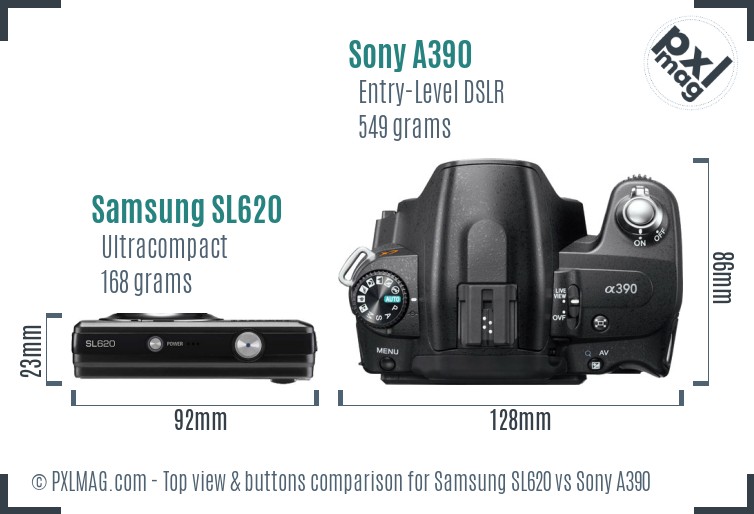 Samsung SL620 vs Sony A390 top view buttons comparison