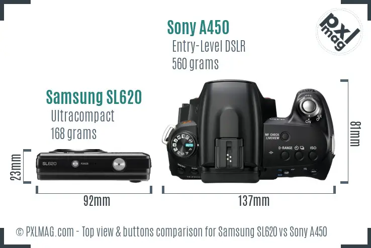 Samsung SL620 vs Sony A450 top view buttons comparison